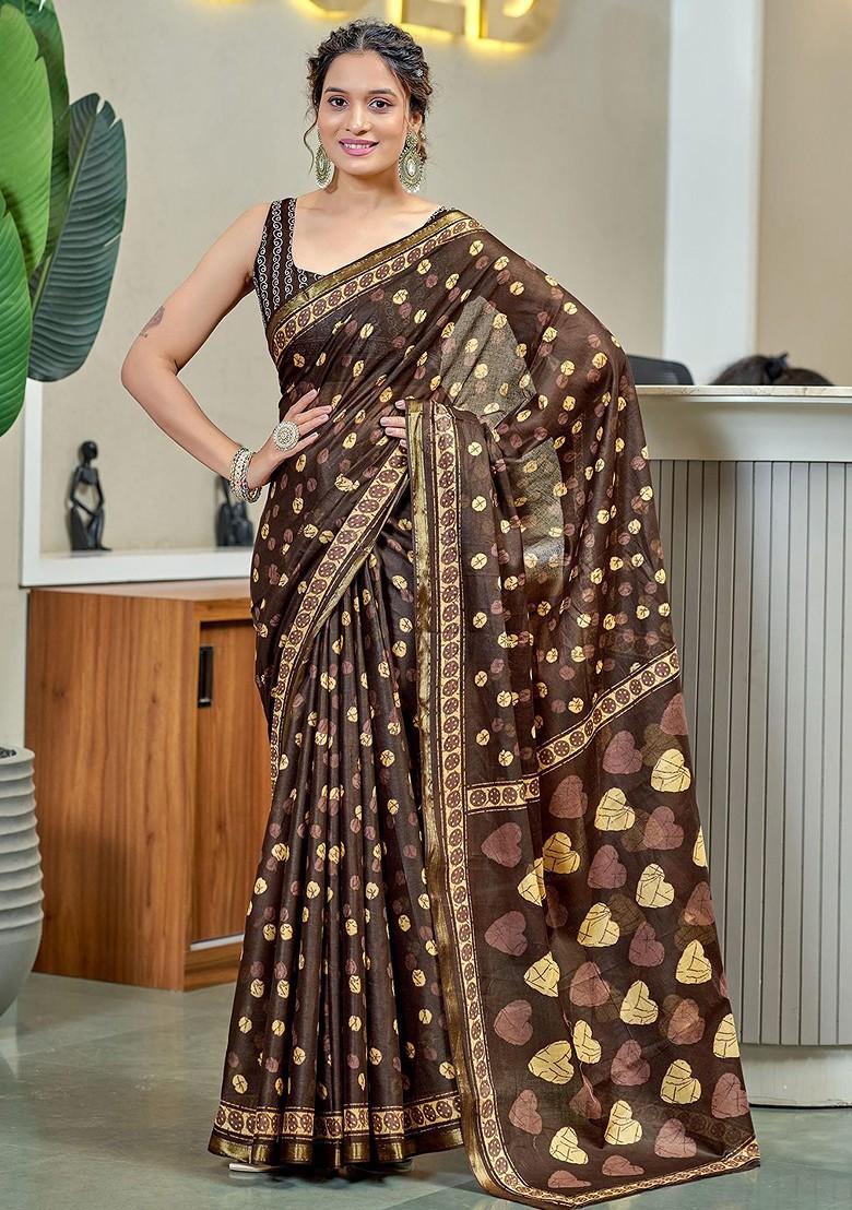 Brown Embroidered Blended Saree Set - Indya