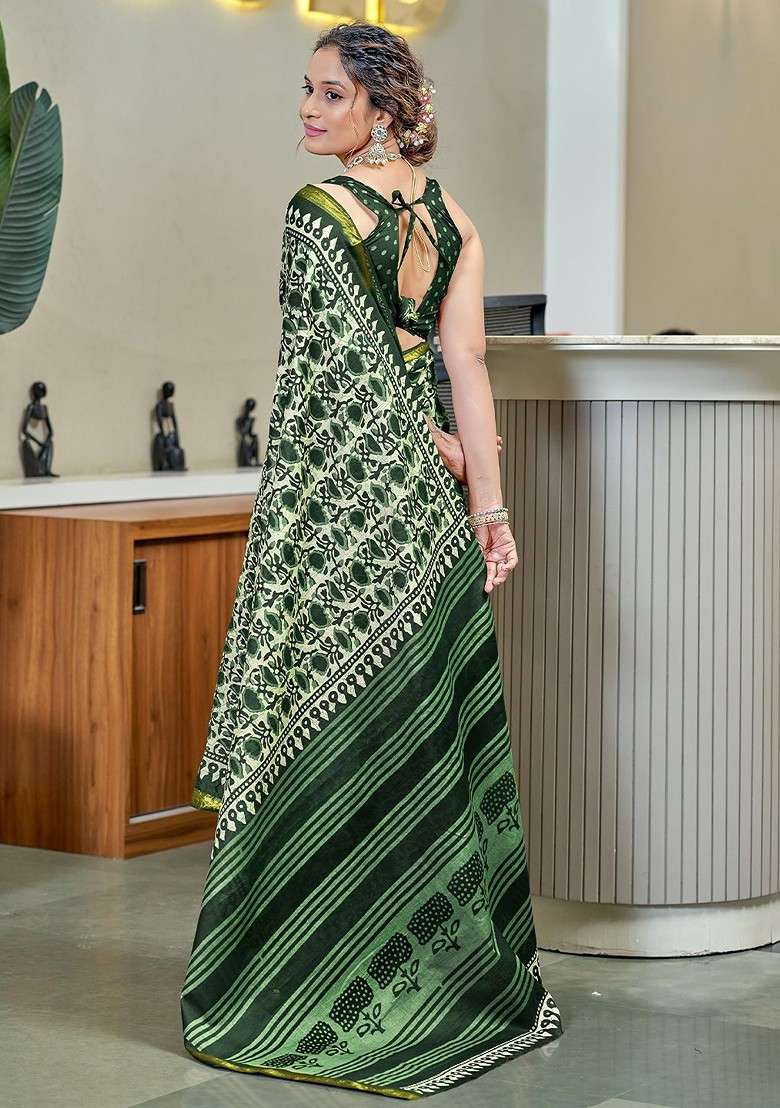 Green Blended Saree Set with Embroidered for Diwali | Wedding & Festive Wear - Indya