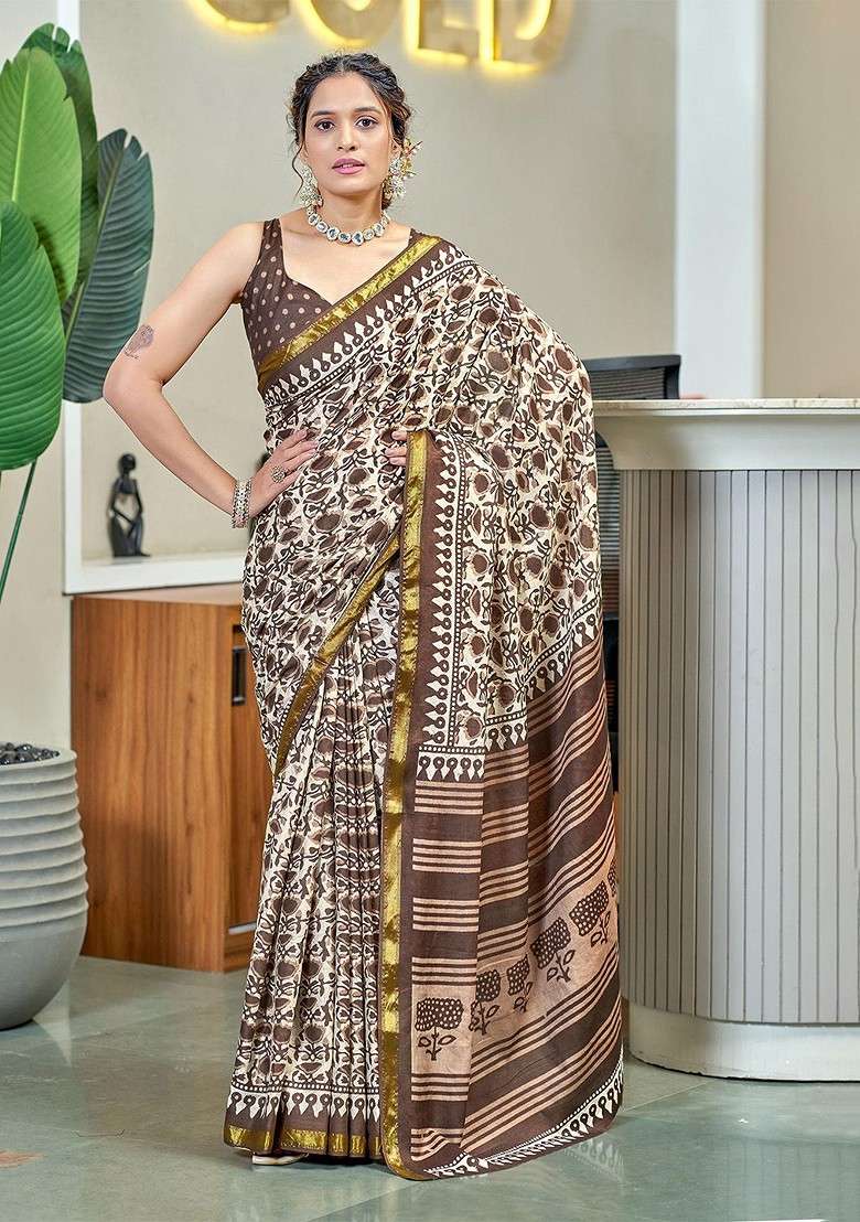 Brown Embroidered Blended Saree Set - Indya