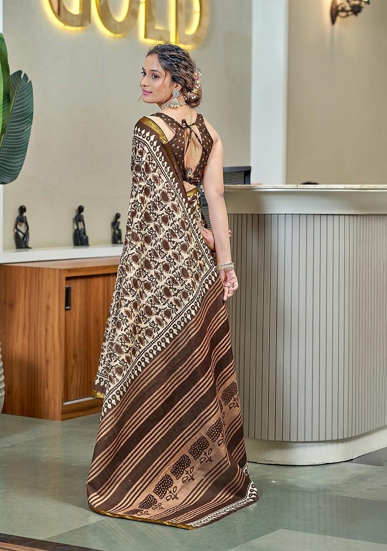 Brown Embroidered Blended Saree Set - Indya