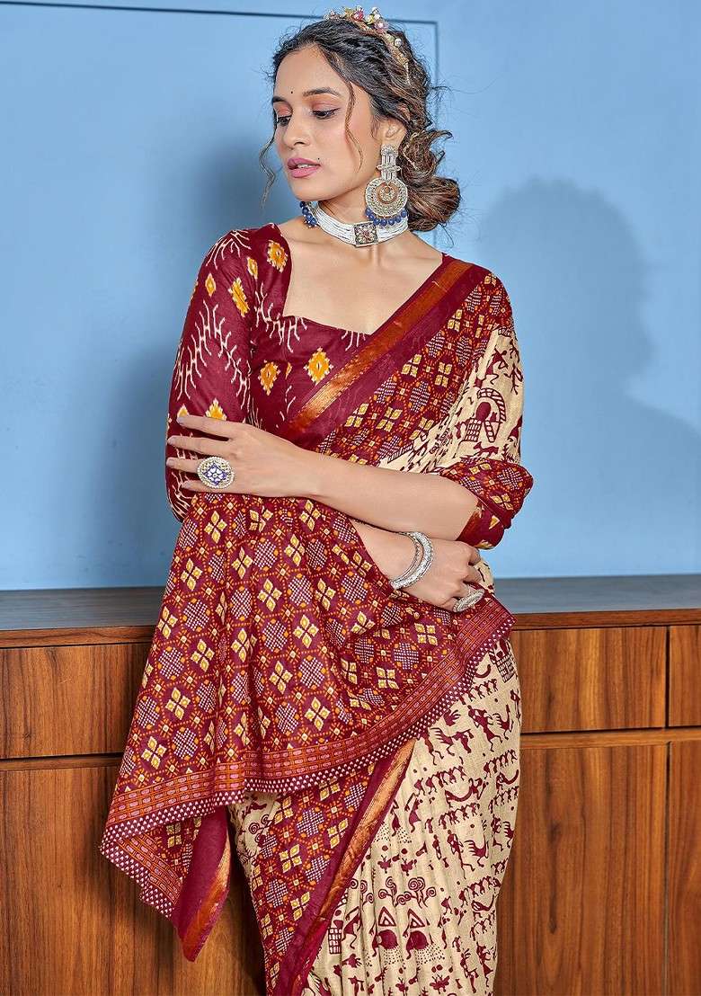 Beige Embroidered Blended Saree Set - Indya