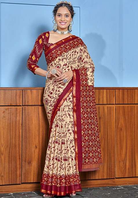 Beige Embroidered Blended Saree Set for Diwali and Festive Wear