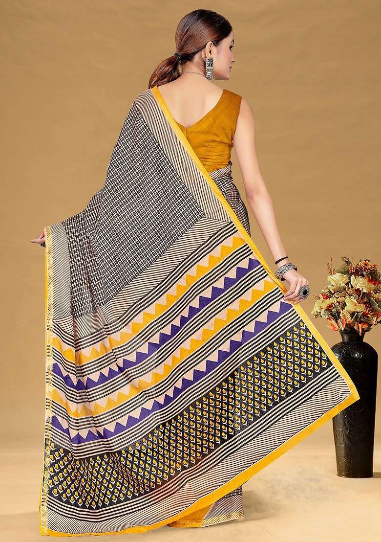 Beige Embroidered Blended Saree Set - Indya