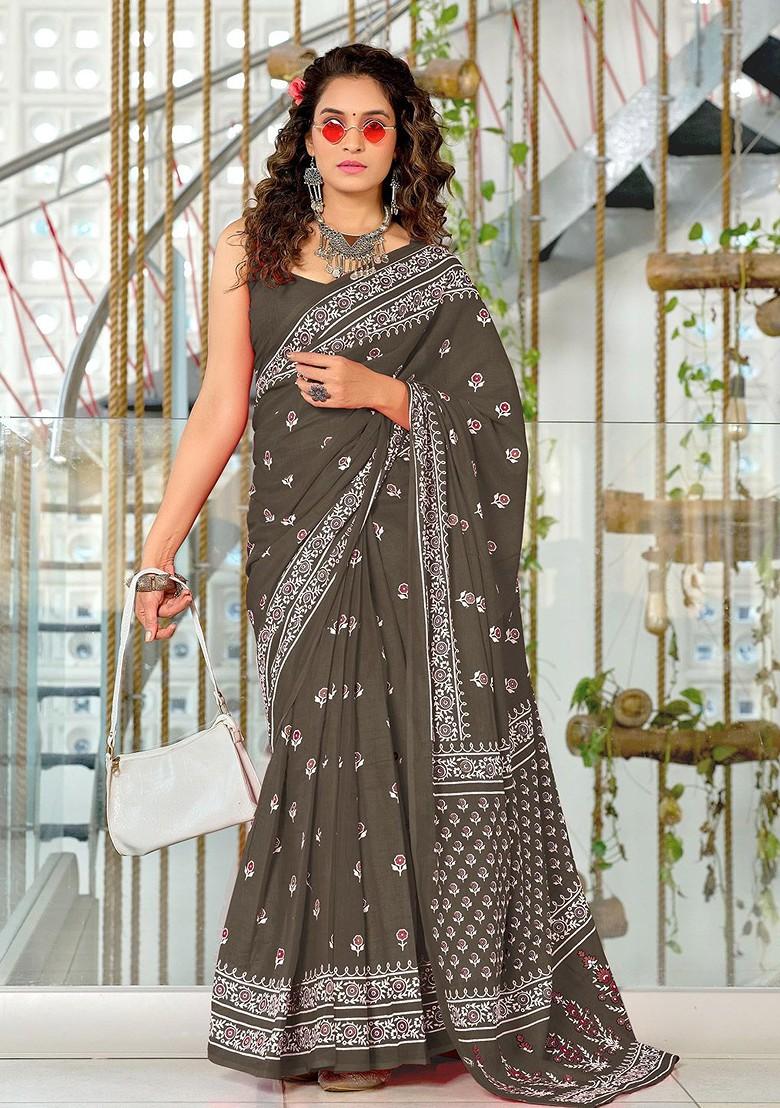 Charcoal Embroidered Blended Saree Set - Indya