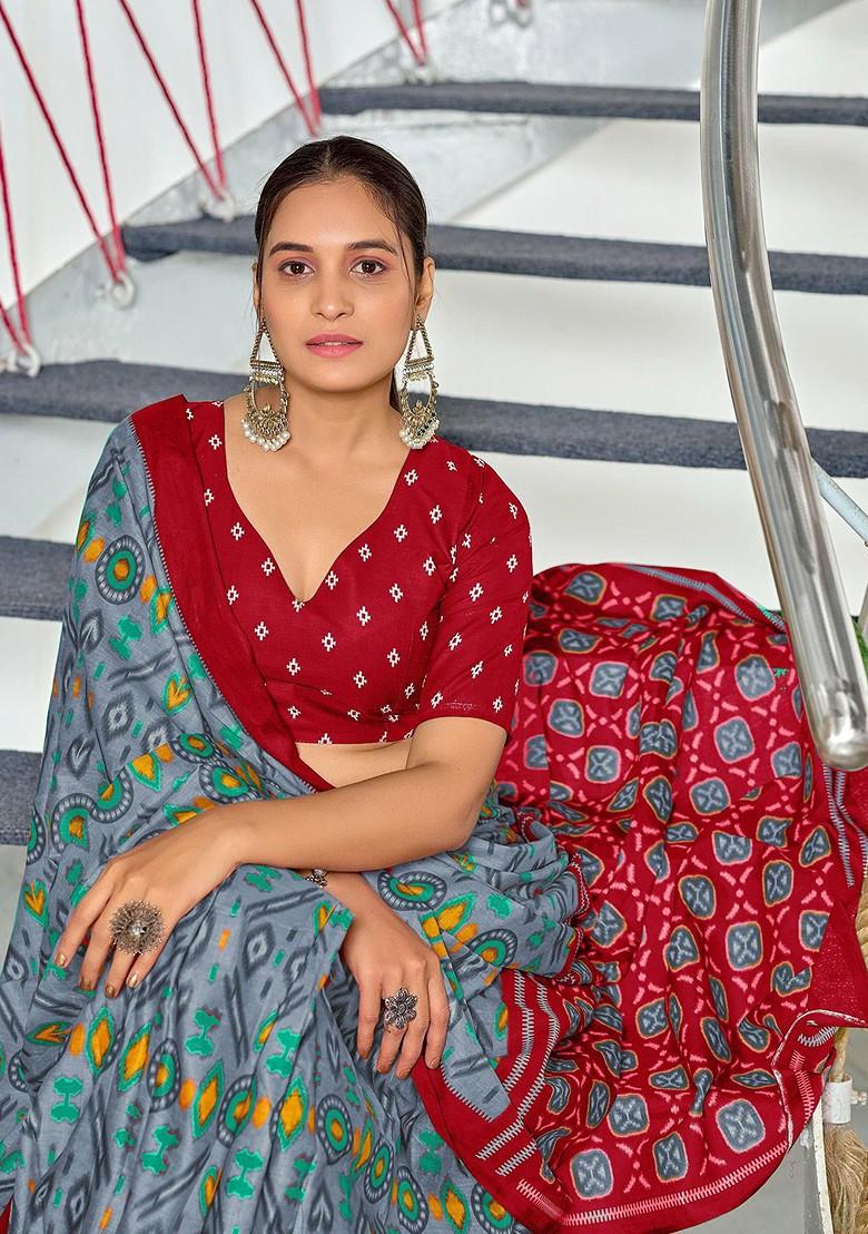 Grey Embroidered Blended Saree Set - Indya