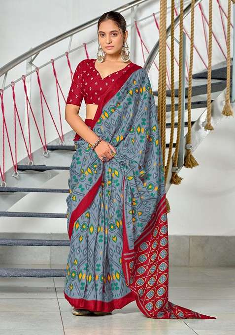 Grey Blended Saree Set with Embroidered for Diwali | Wedding & Festive Wear