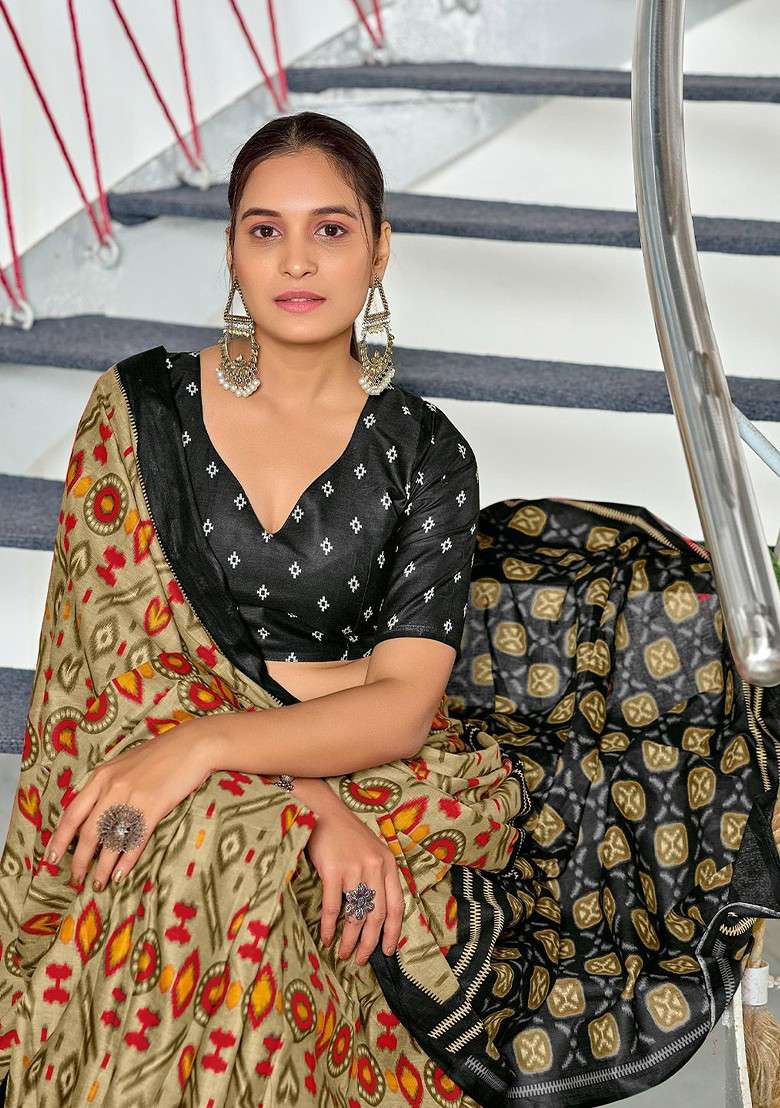 Beige Embroidered Blended Saree Set - Indya