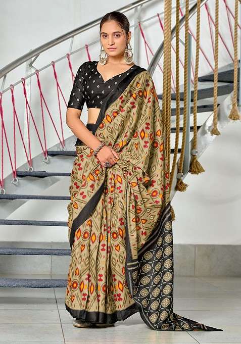 Beige Blended Saree Set with Embroidered for Diwali | Wedding & Festive Wear