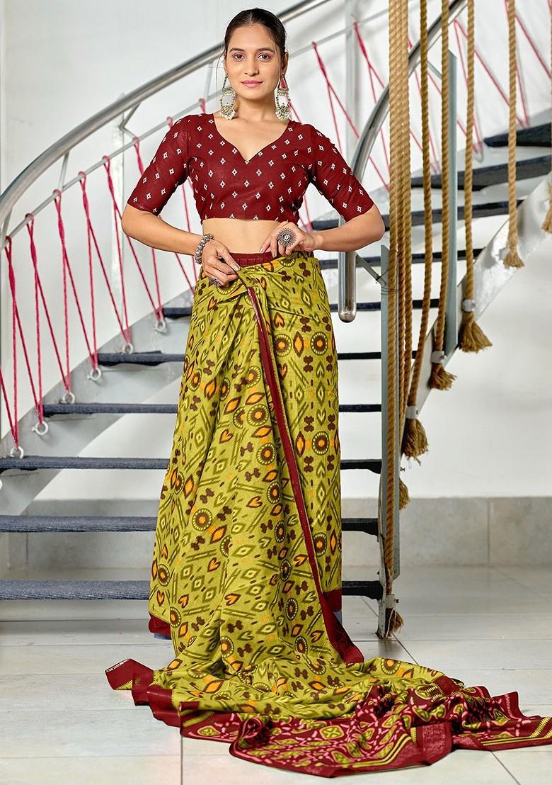Olive Embroidered Blended Saree Set - Indya