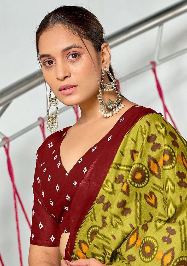 Olive Embroidered Blended Saree Set - Indya