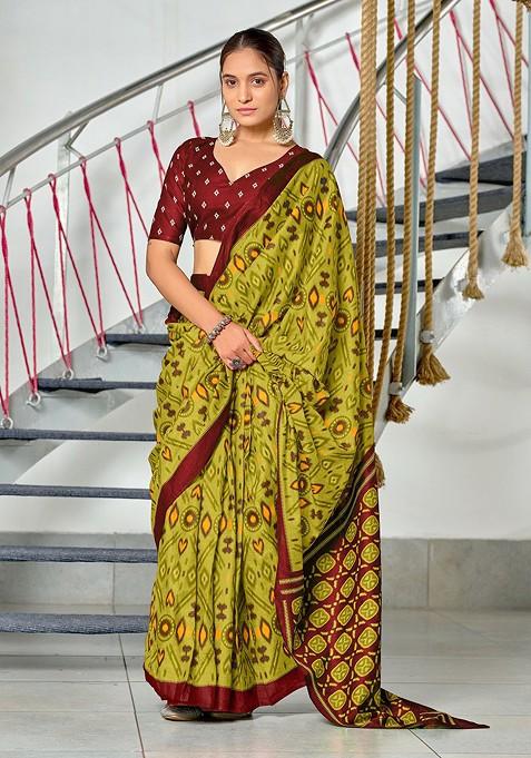 Olive Embroidered Blended Saree Set