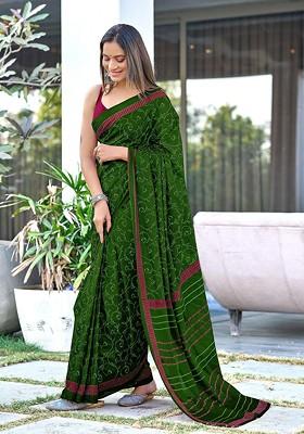 Green Embroidered Blended Saree Set