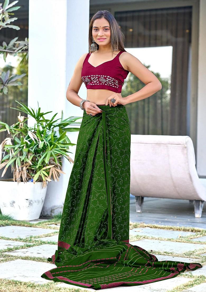 Green Embroidered Blended Saree Set - Indya