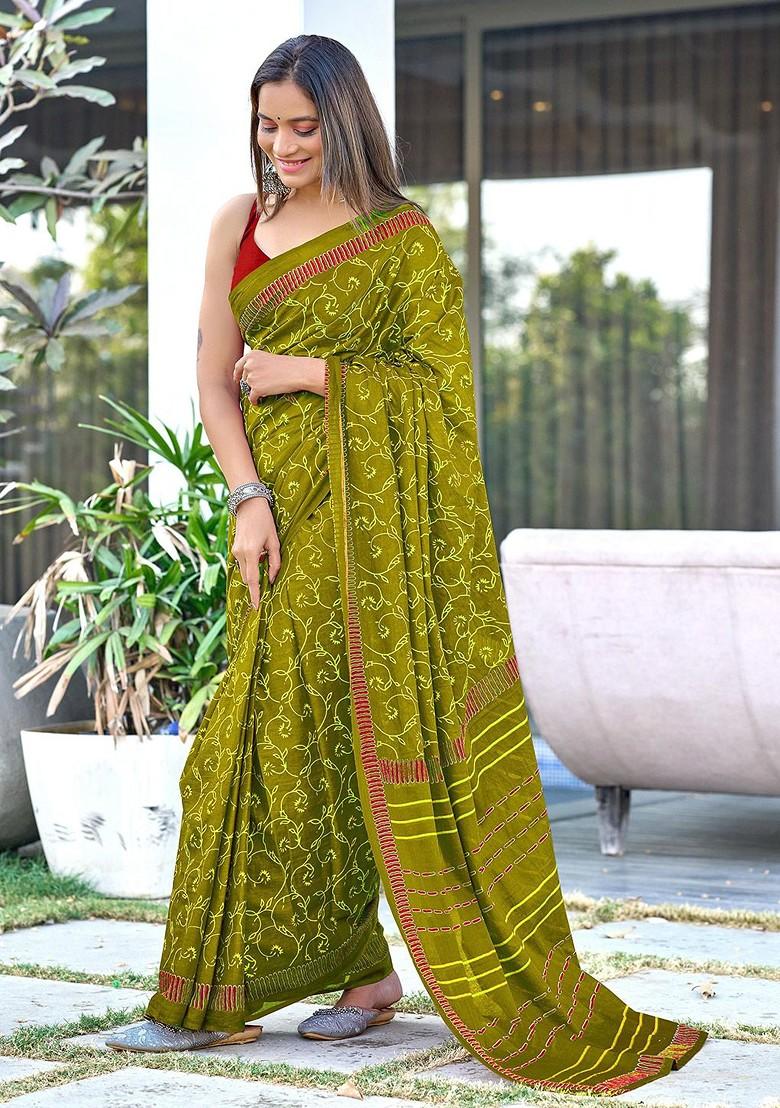 Olive Embroidered Blended Saree Set - Indya