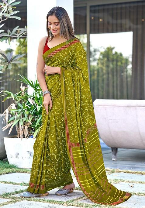 Olive Embroidered Blended Saree Set