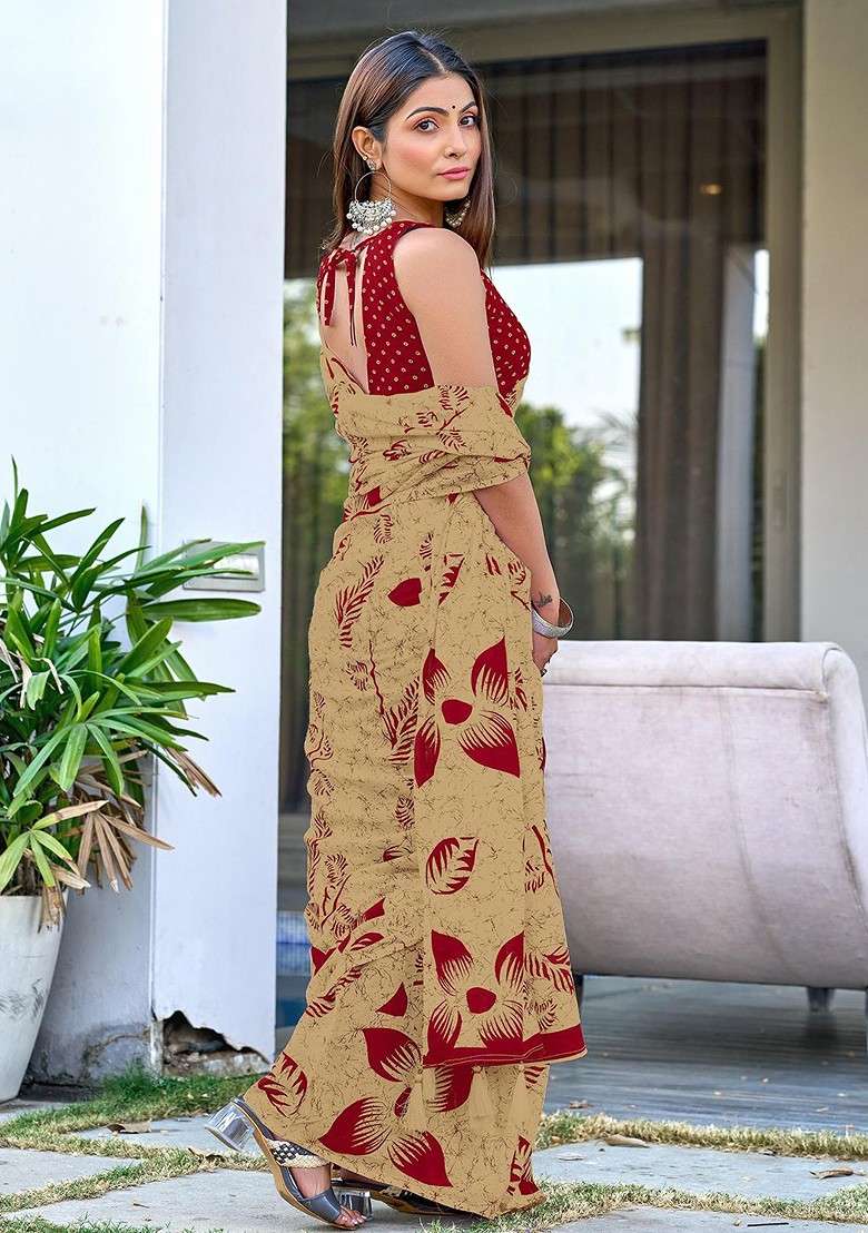 Beige Embroidered Blended Saree Set - Indya
