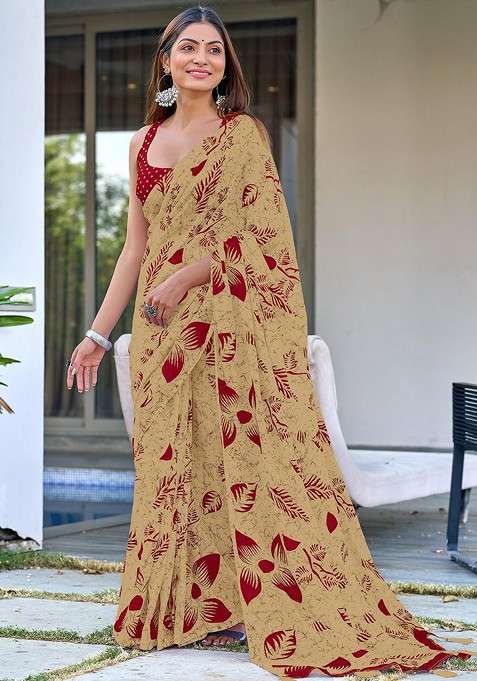 Beige Blended Saree Set with Embroidered for Diwali | Wedding & Festive Wear