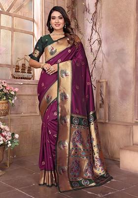 Burgundy Embroidered Blended Saree Set