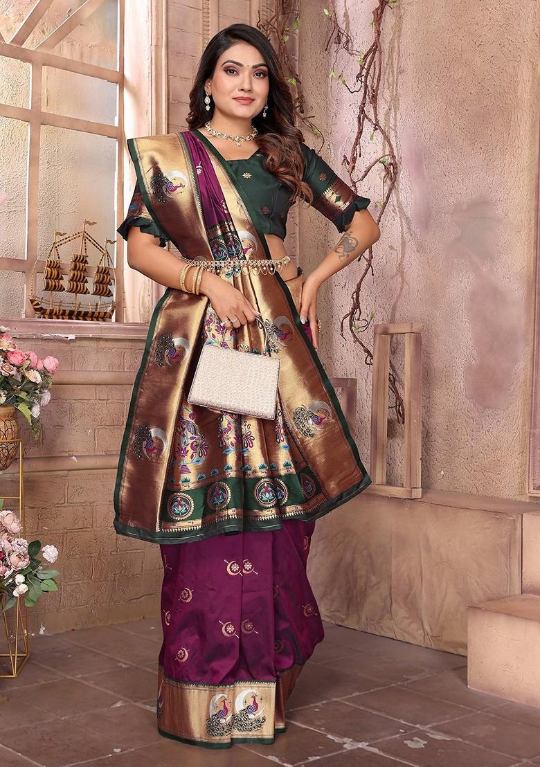 Burgundy Embroidered Blended Saree Set - Indya