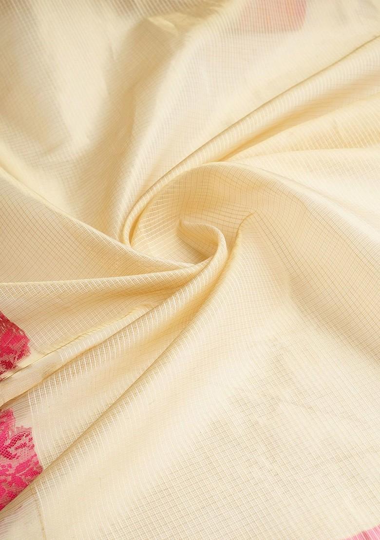 Cream Embroidered Blended Saree Set - Indya