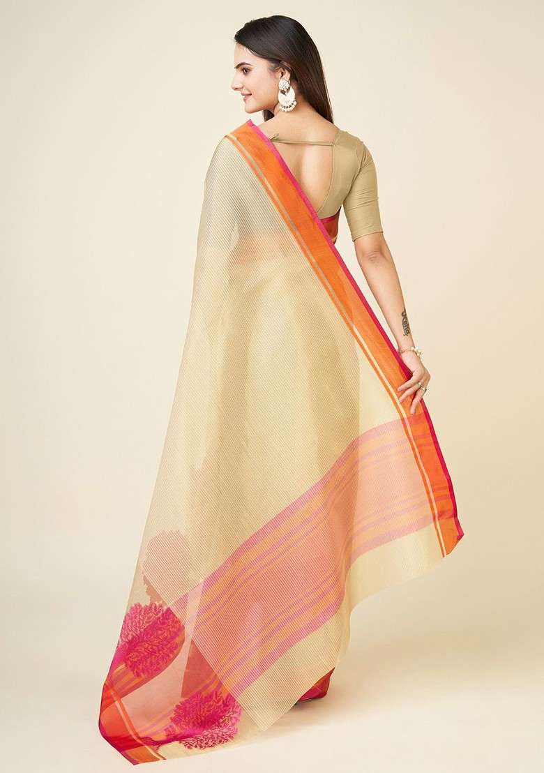 Cream Embroidered Blended Saree Set for Diwali and Festive Wear - Indya