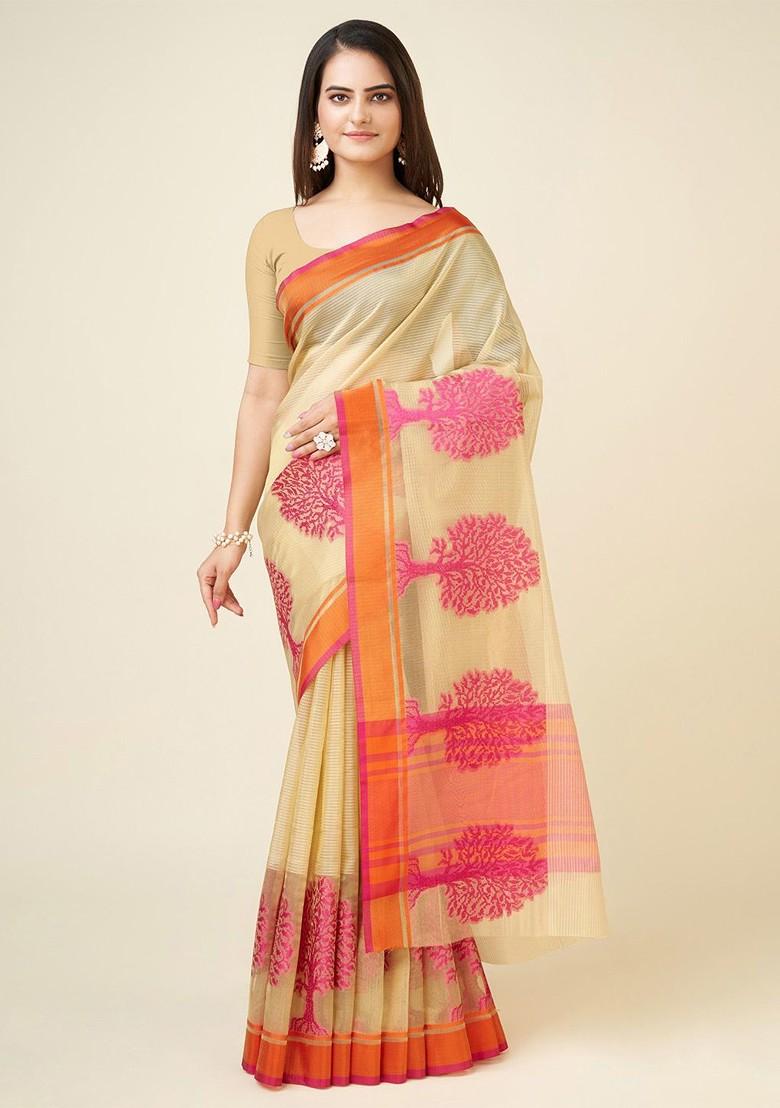 Cream Embroidered Blended Saree Set - Indya