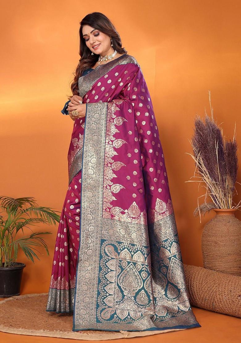 Burgundy Embroidered Blended Saree Set - Indya