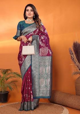 Burgundy Embroidered Blended Saree Set