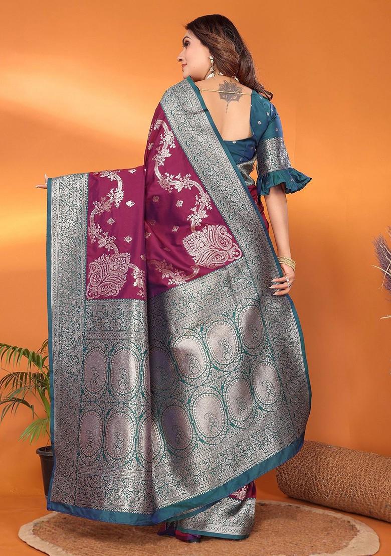 Burgundy Embroidered Blended Saree Set - Indya