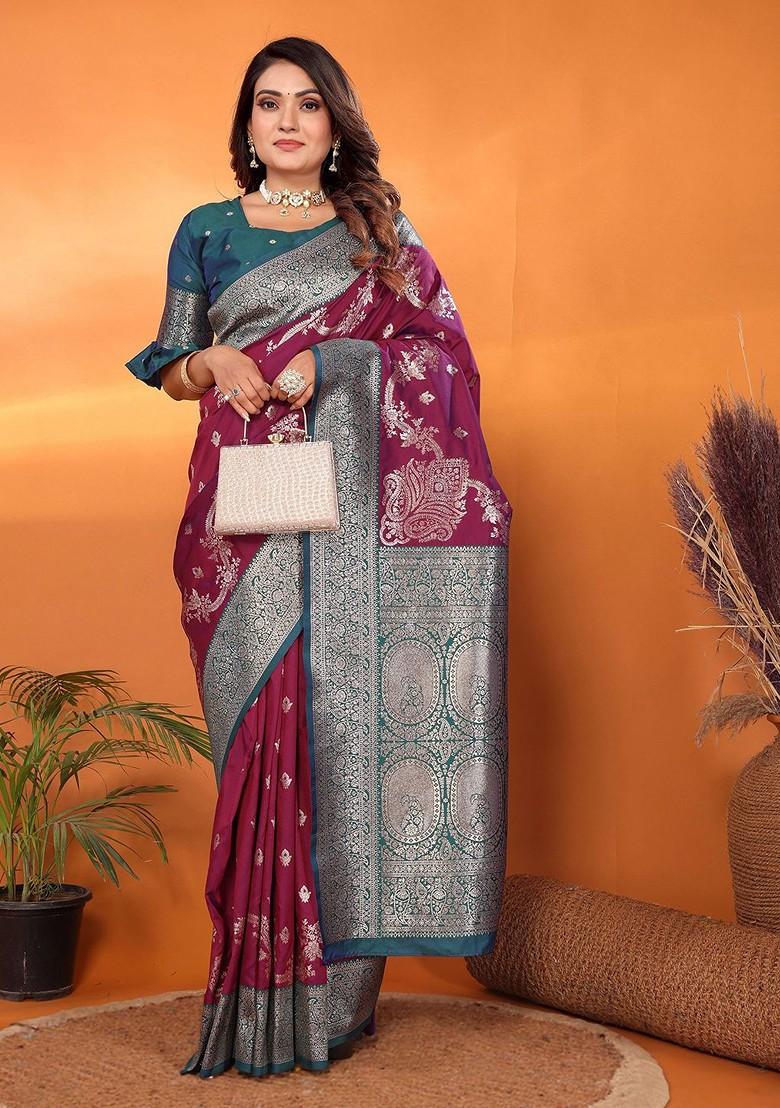 Burgundy Embroidered Blended Saree Set - Indya
