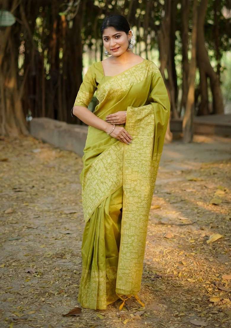 Olive Embroidered Blended Saree Set for Diwali and Festive Wear - Indya