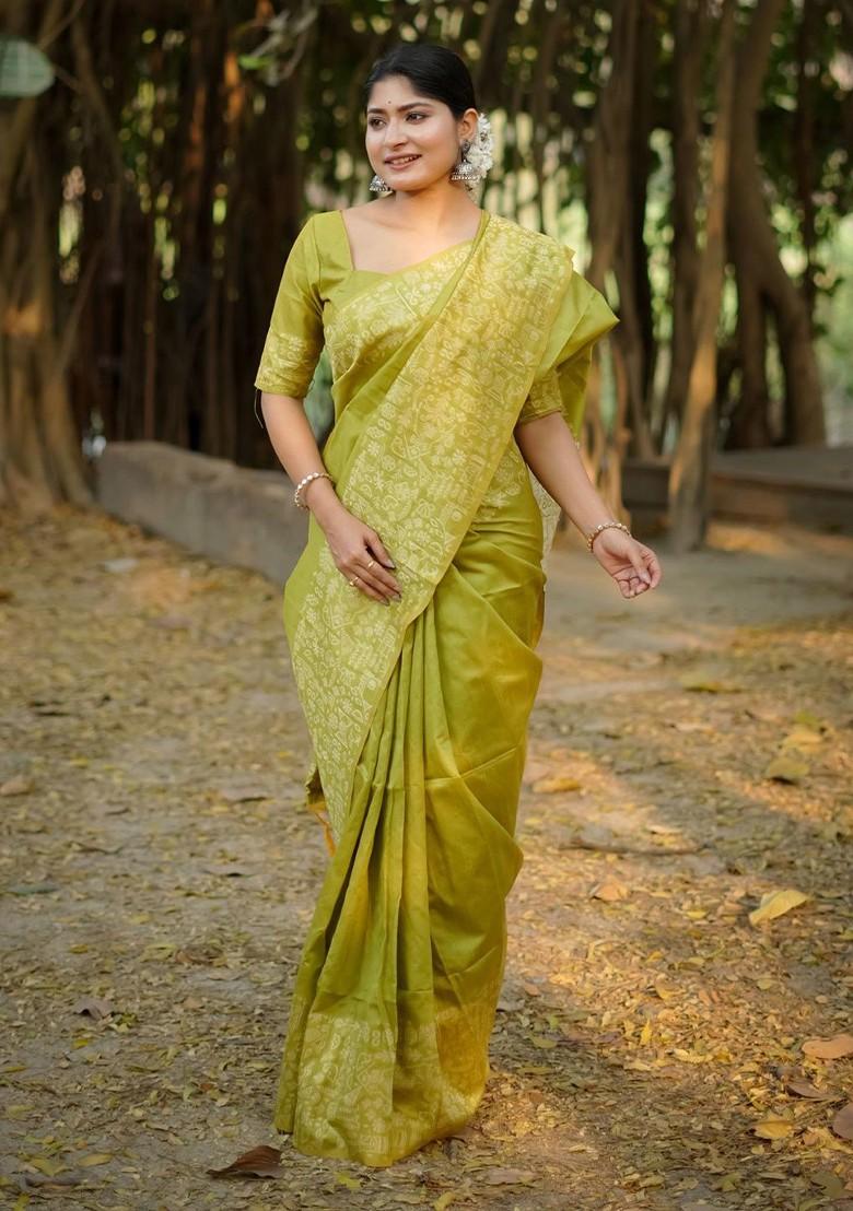 Olive Embroidered Blended Saree Set - Indya