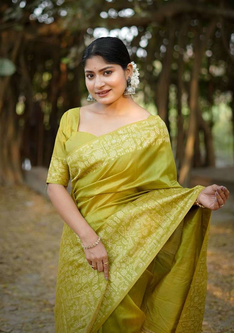 Olive Embroidered Blended Saree Set for Diwali and Festive Wear - Indya