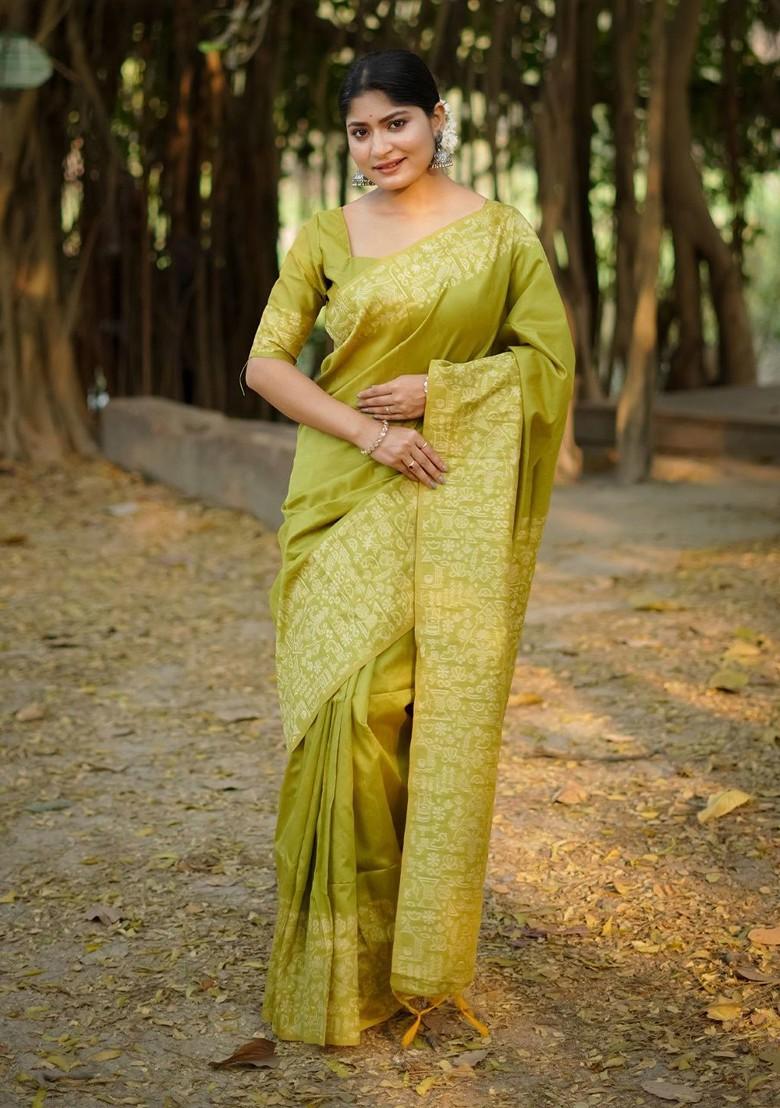 Olive Embroidered Blended Saree Set - Indya