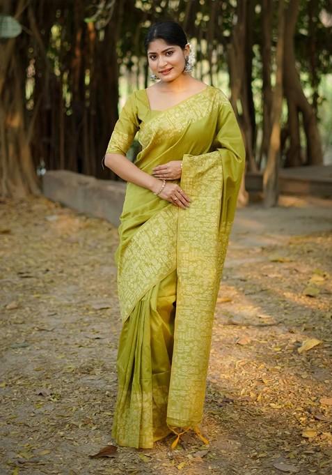 Olive Embroidered Blended Saree Set