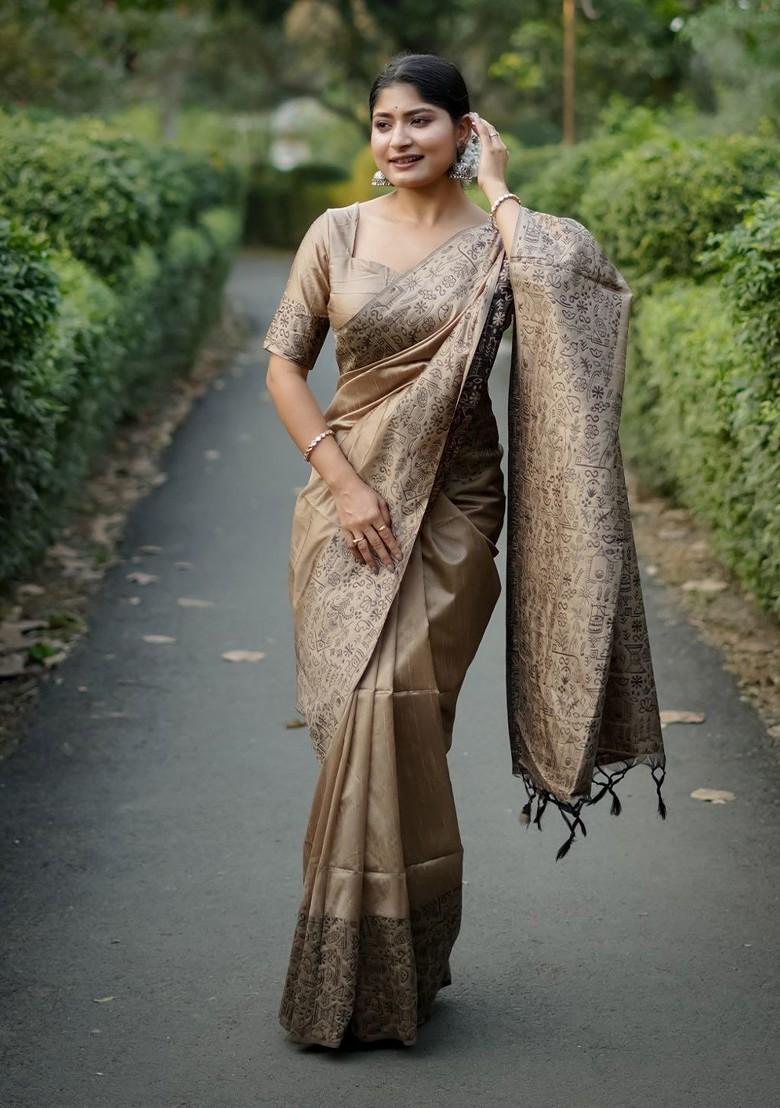 Grey Embroidered Blended Saree Set - Indya