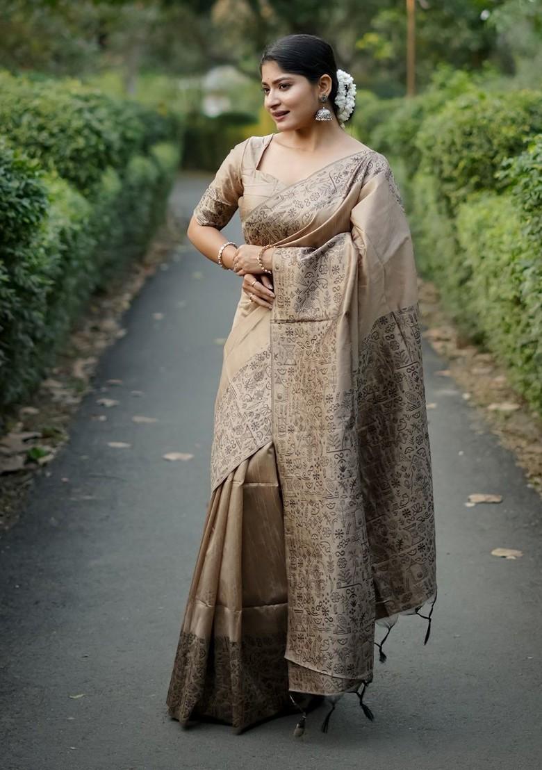 Grey Embroidered Blended Saree Set - Indya