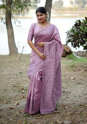 Lavender Embroidered Blended Saree Set