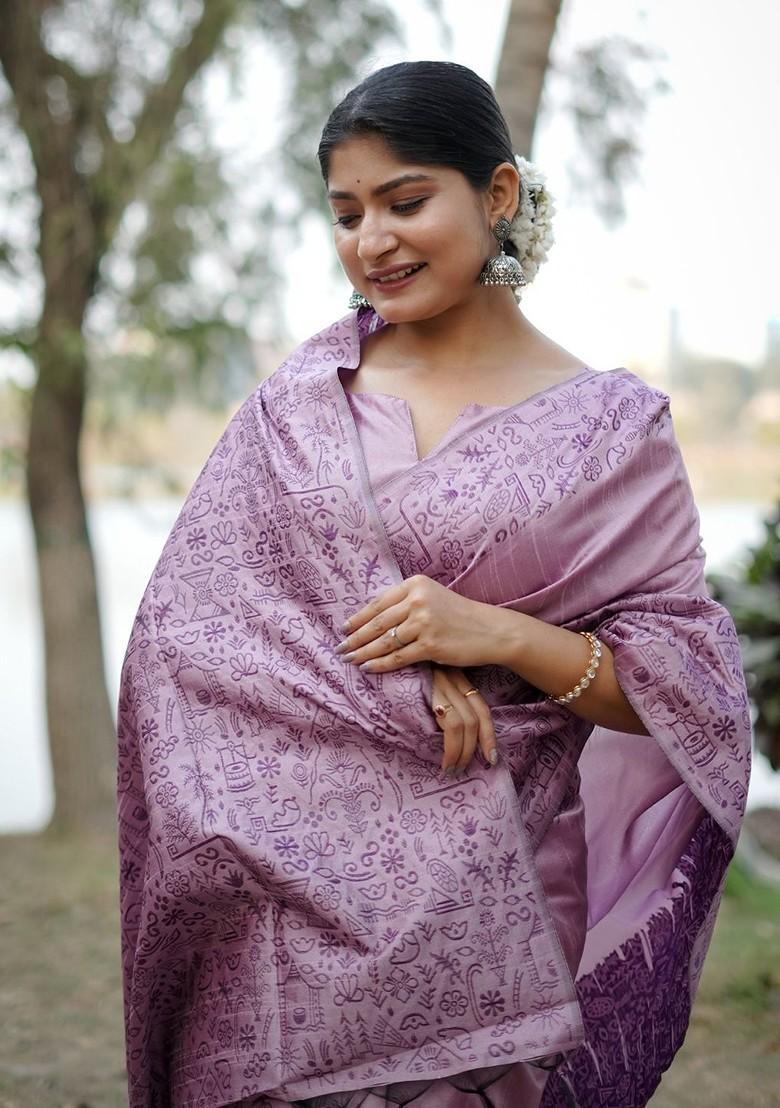 Lavender Embroidered Blended Saree Set - Indya