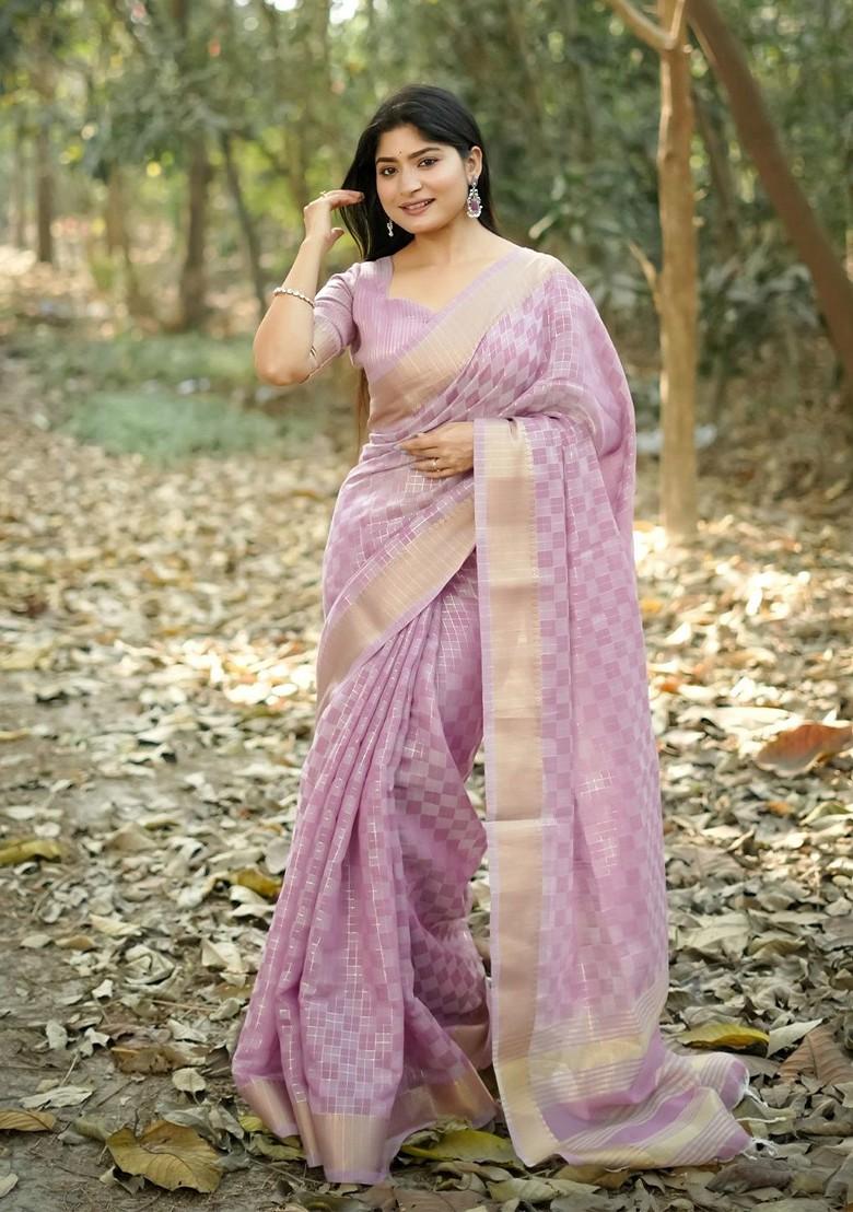 Lavender Embroidered Blended Saree Set - Indya