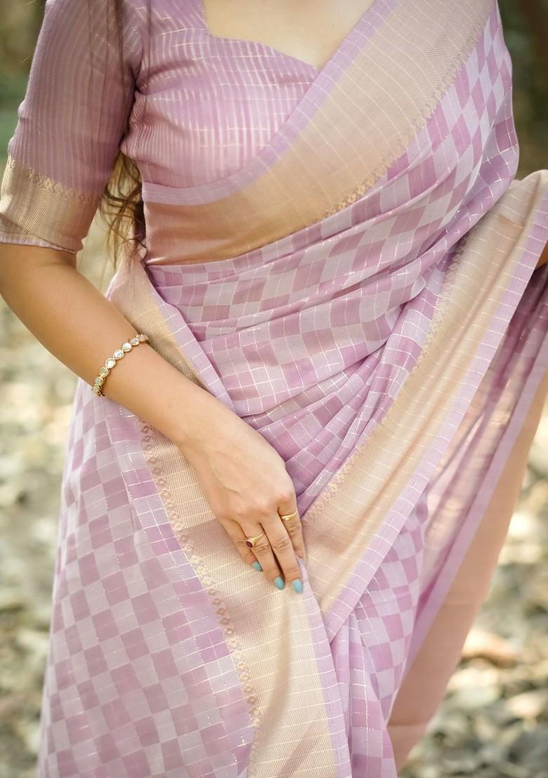 Lavender Embroidered Blended Saree Set - Indya