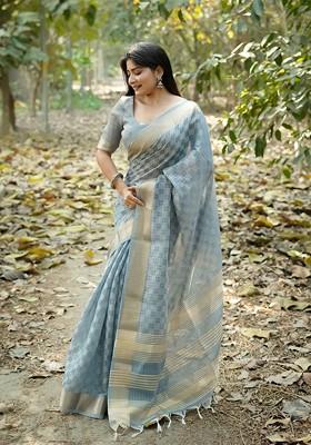 Grey Embroidered Blended Saree Set