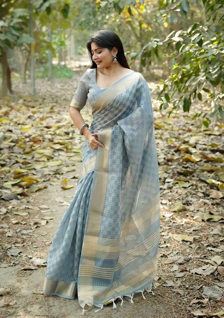 Grey Blended Saree Set with Embroidered for Diwali | Wedding & Festive Wear - Indya