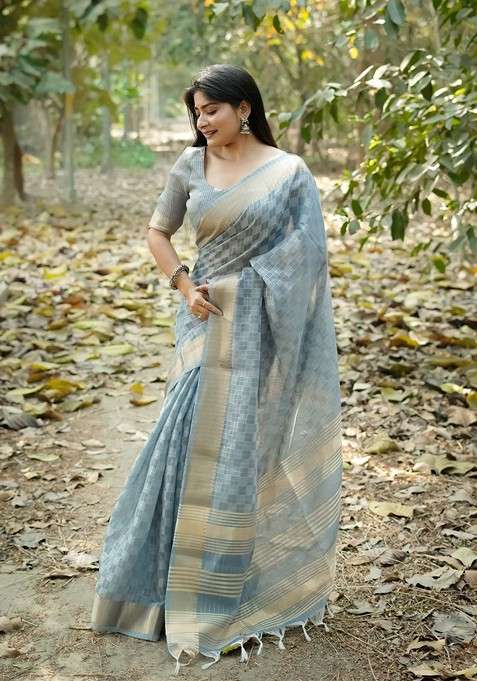 Grey Blended Saree Set with Embroidered for Diwali | Wedding & Festive Wear