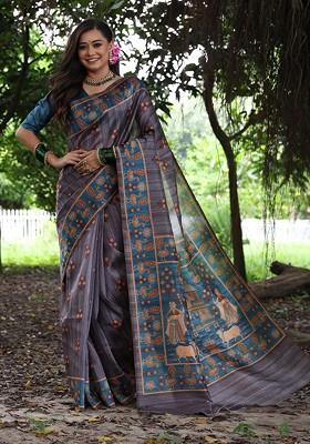 Grey Embroidered Blended Saree Set