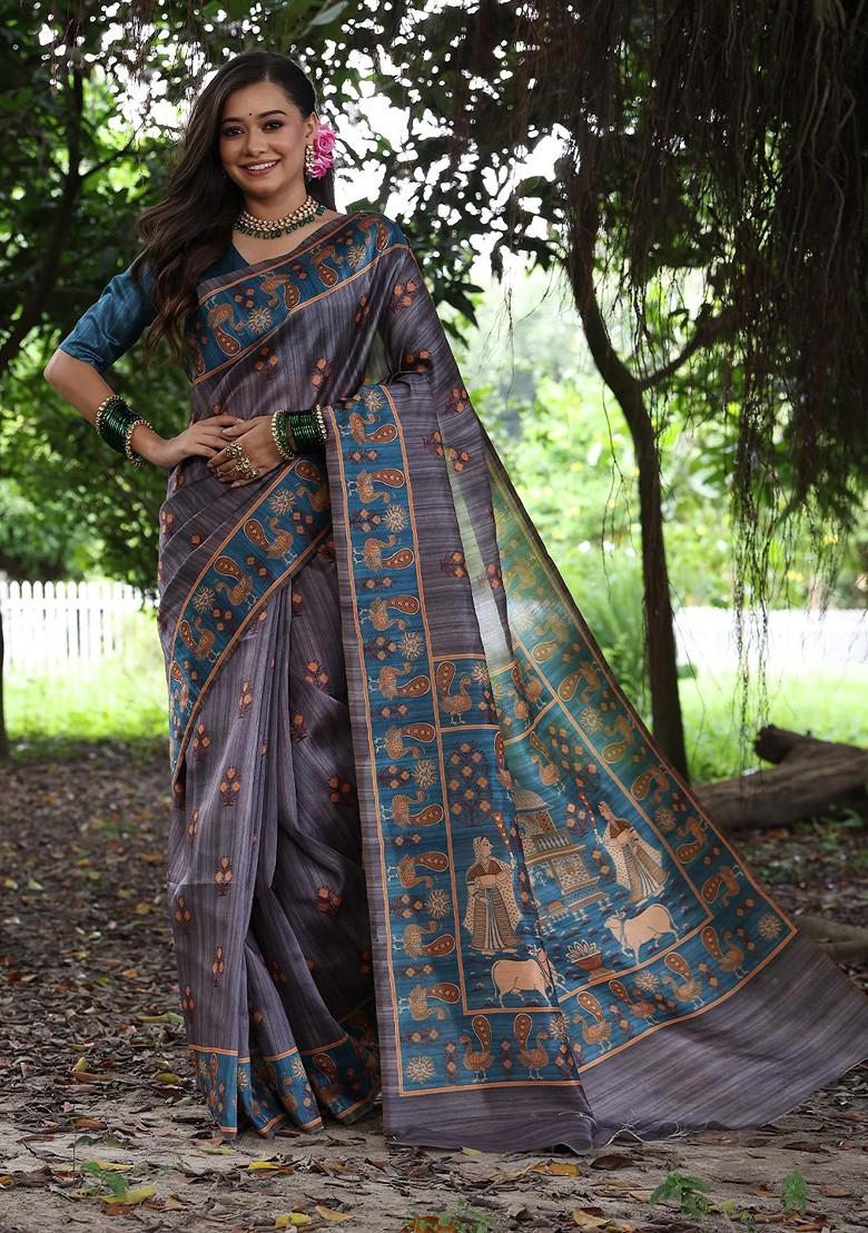 Grey Embroidered Blended Saree Set - Indya