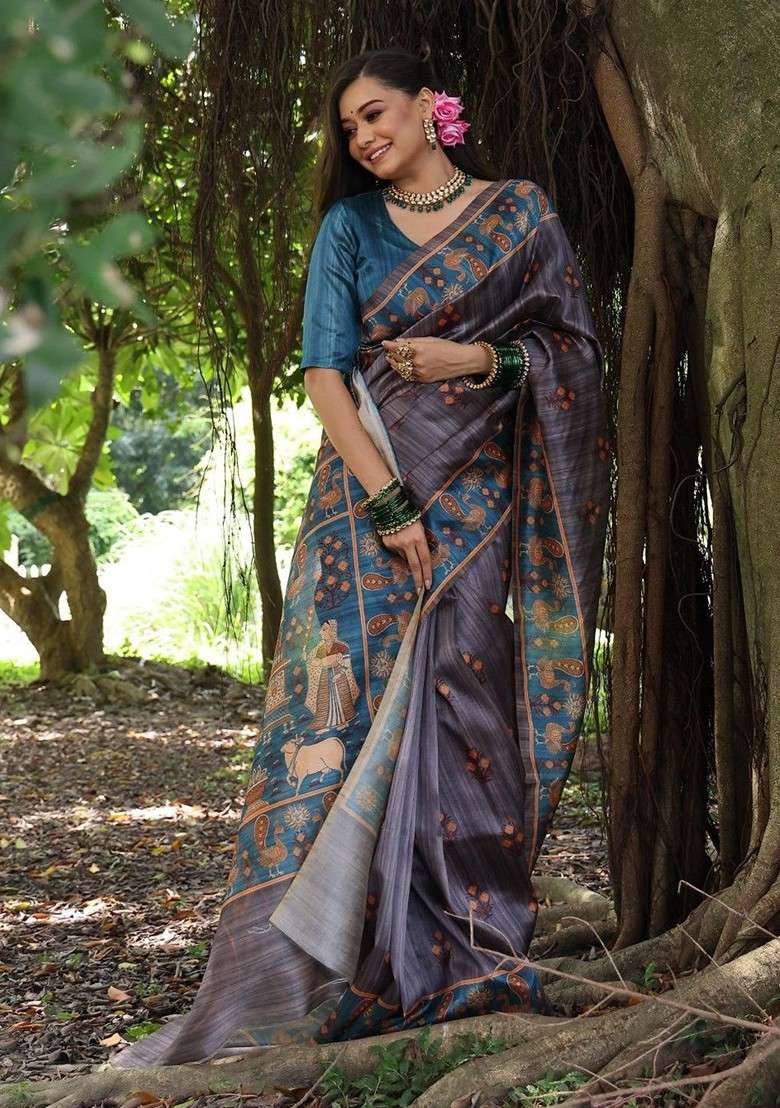 Grey Blended Saree Set with Embroidered for Diwali | Wedding & Festive Wear - Indya