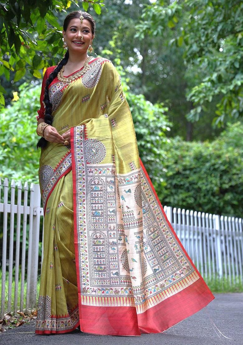 Olive Embroidered Blended Saree Set - Indya