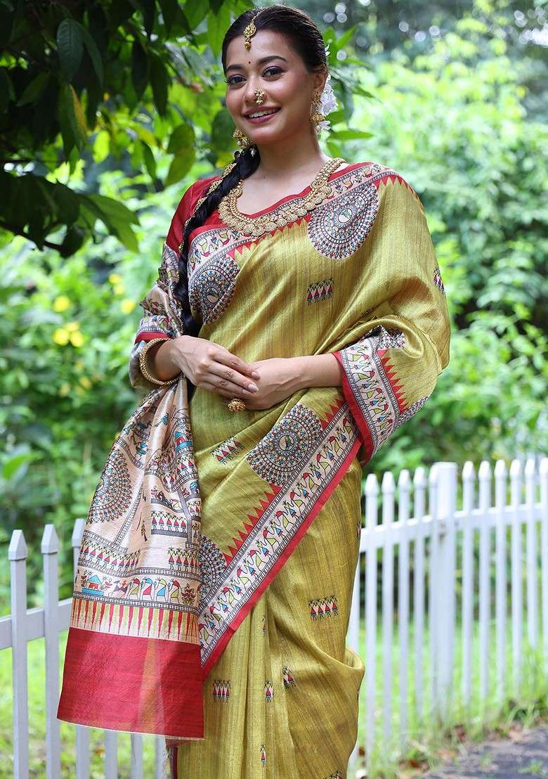 Olive Embroidered Blended Saree Set for Diwali and Festive Wear - Indya
