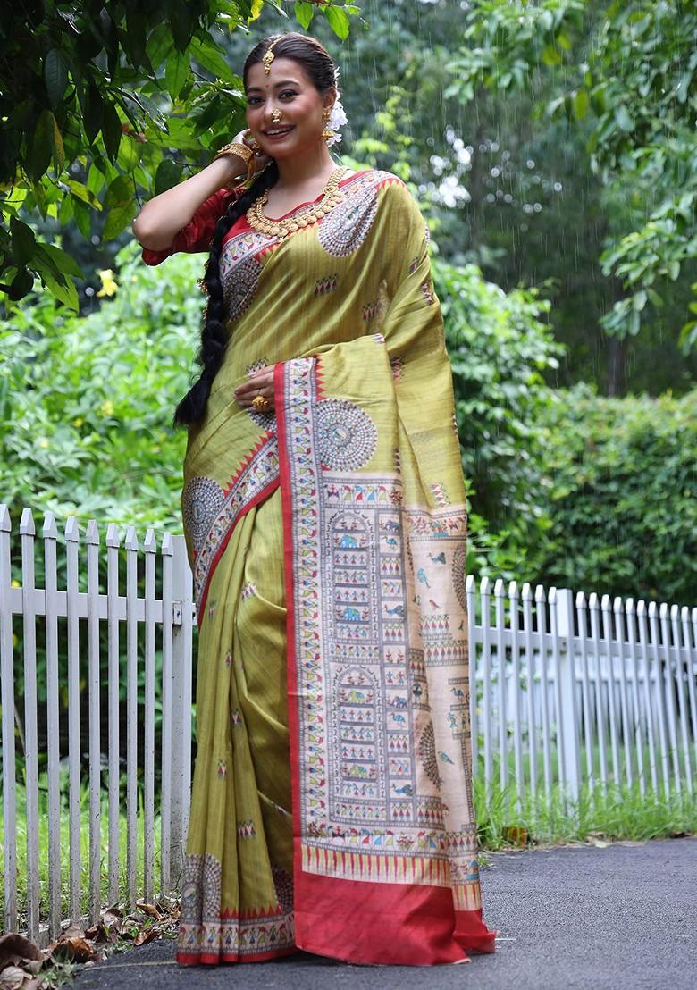 Olive Embroidered Blended Saree Set - Indya